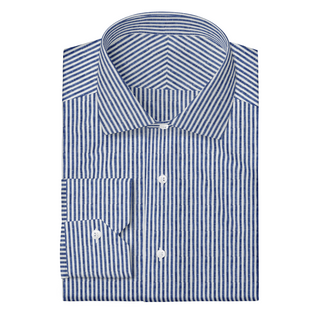 The Linen in Navy Blue Stripe  Decent Apparel Classic Spread Mitered 